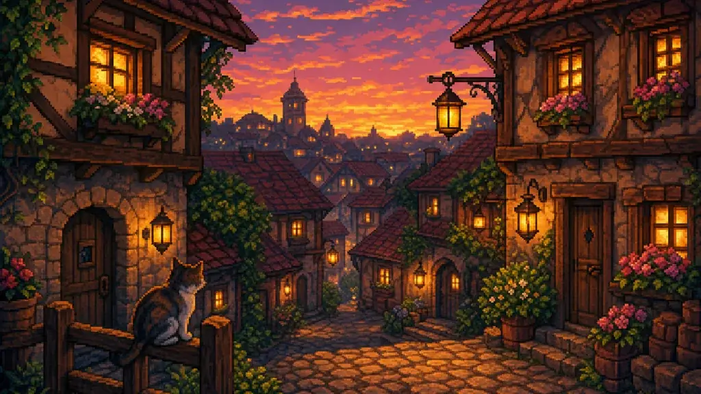 像素風小鎮黃昏場景